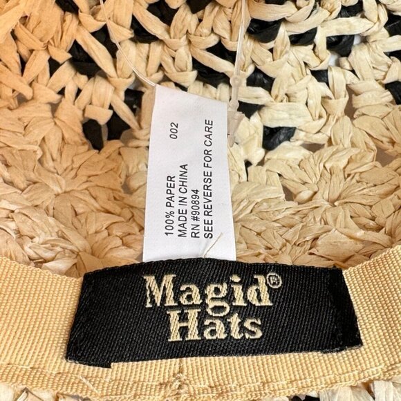 NWT Magid Hats Black & Neutral Straw Crochet Wide Brim Sun Summer Floppy Hat - Picture 7 of 12